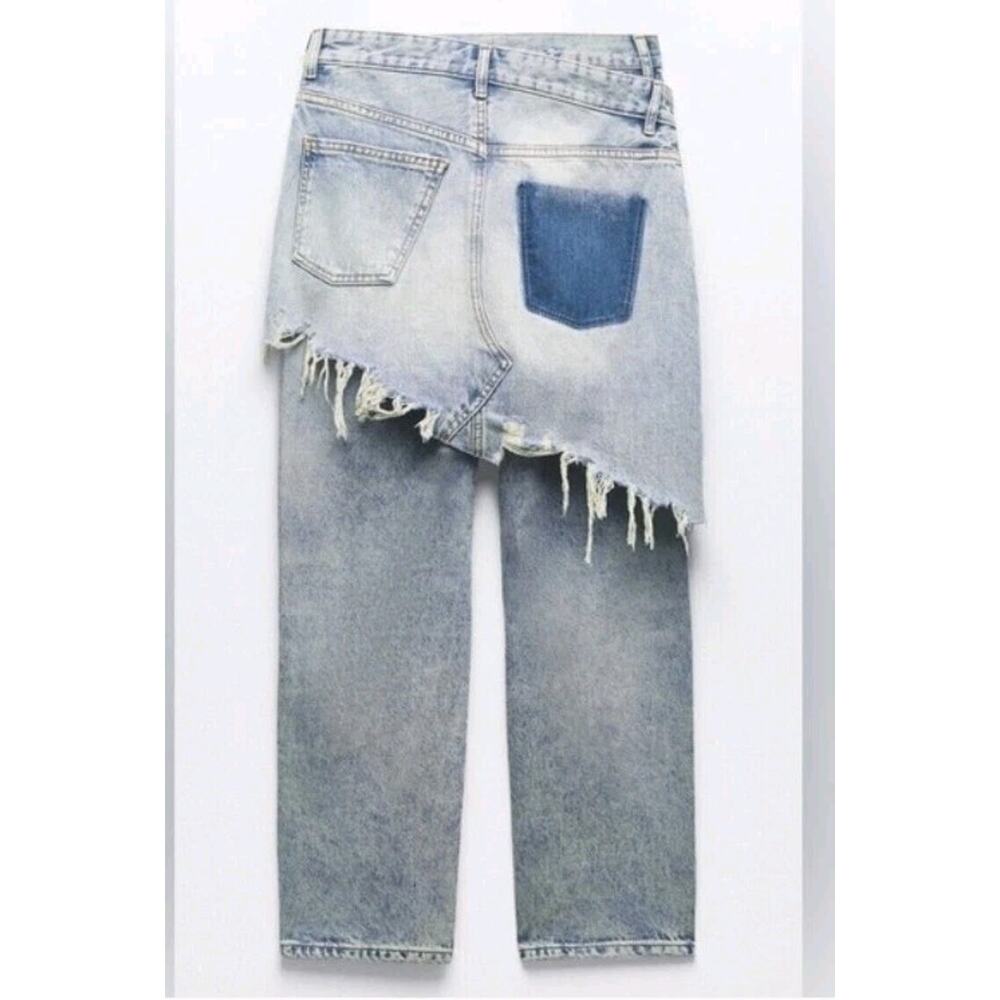ZARA LAYERED NWT Jeans MID-RISE ZW STRAIGHT LEG Skirt Overlay Sz 0 - Picture 3 of 8